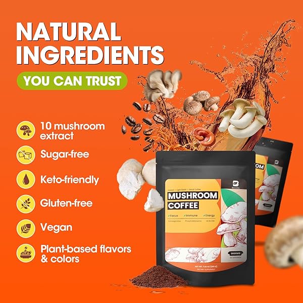 MUSHROOM COFFEE, 10 MUSHROOMS INSTANT COFFEE POWDER – LION’S MANE, REISHI, CHAGA, CORDYCEPS, TURKEY TAIL, SHIITAKE, ASHWAGANDHA, VITAMIN B12 / B6, ARABICA COFFE FOR IMMUNE BOOST, FOCUS & GUT HEALTH
