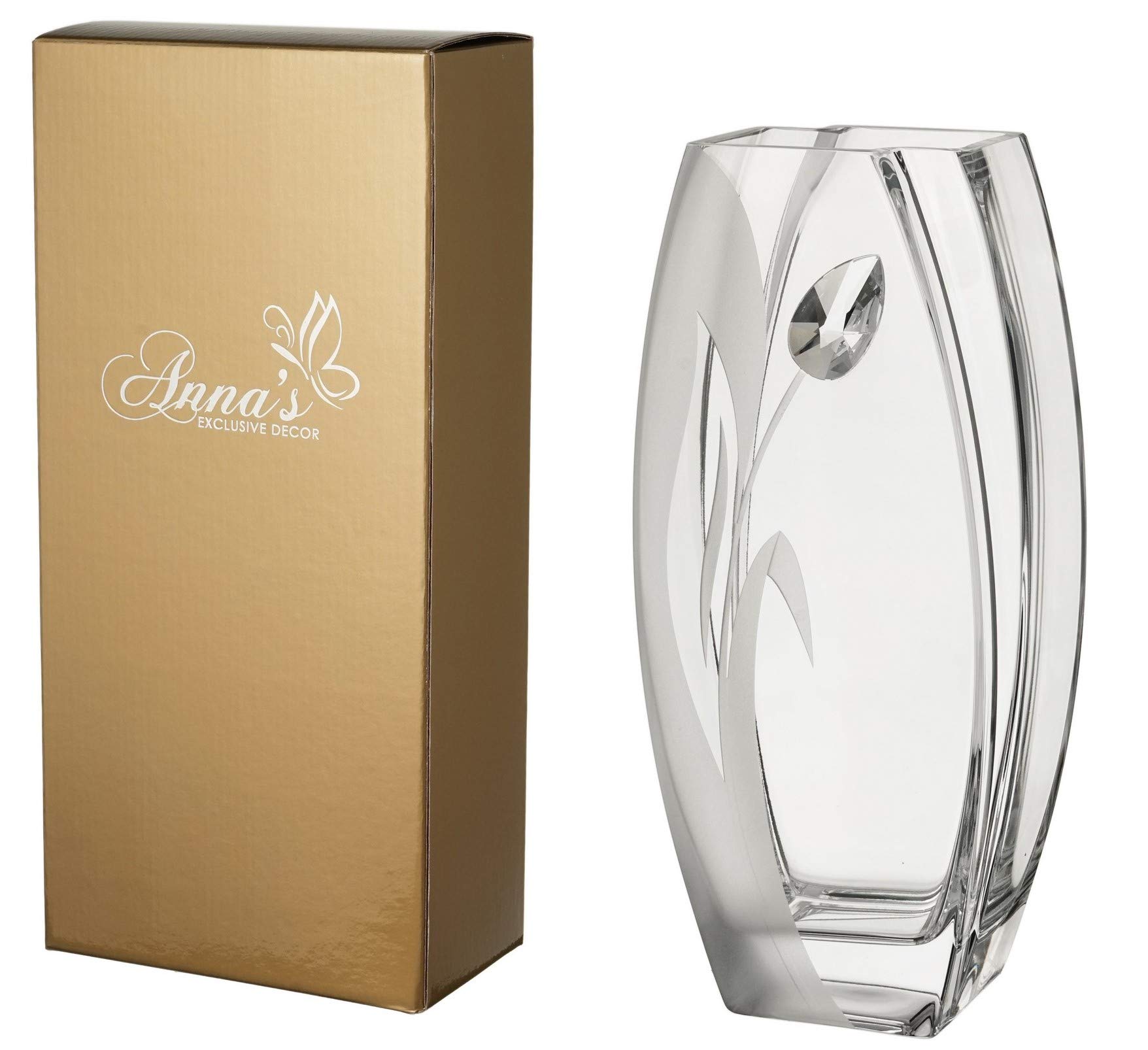 Luxury Large Glass Vase - Large Premium Crystal and Etched Tulip Flower Decor – Mouth Blown Unleaded Glass Ornament - Gift Boxed - Clear, 32 cm (12.6 in)