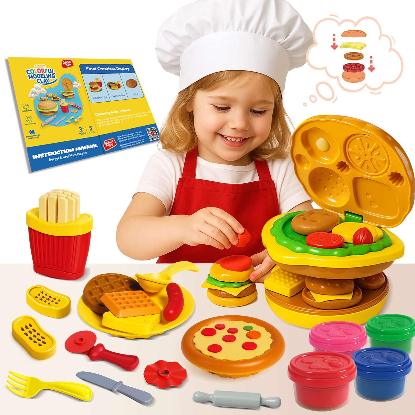 Kids Dough Burger Play Machine, Kitchen Play Toy with Molds, Tools and Accessories, Creative Pretend Food Set