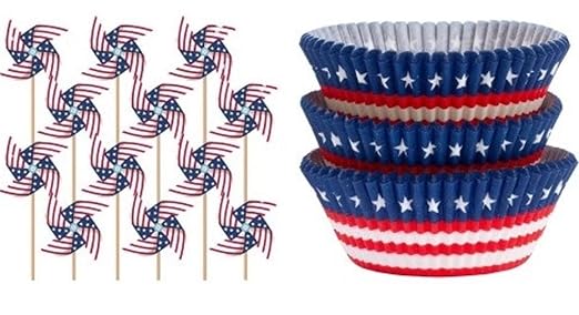 40 American Flag Patriotic Pinwheel Cupcake Toppers and 75 Red White Blue Stars Baking Cups Bundle | Party Supplies for Birthday BBQ Barbecues Picnics