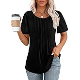 OFEEFAN Womens T Shirts Short Sleeve Pleated Dressy Casual Scooped Neck Summer Tops Blouses