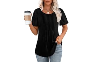 OFEEFAN Womens T Shirts Short Sleeve Pleated Dressy Casual Scooped Neck Summer Tops Blouses