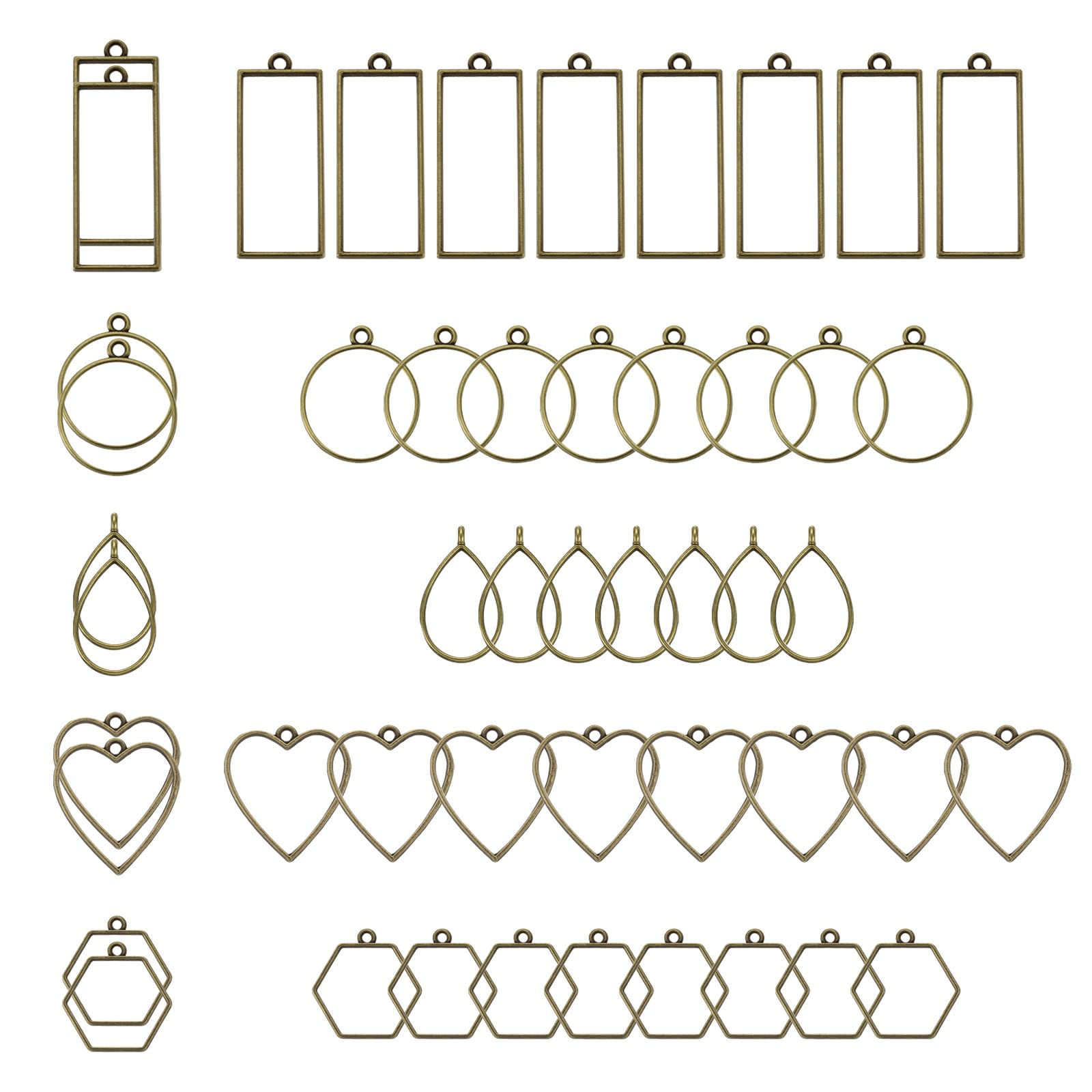 PATIKIL 50Pcs Open Bezels, Resin Bezels Charm Pendants Open Back Bezels Alloy Hollow Frame Bulk for Resin Jewelry Making Earrings Necklace, Bronze(5 Shapes)