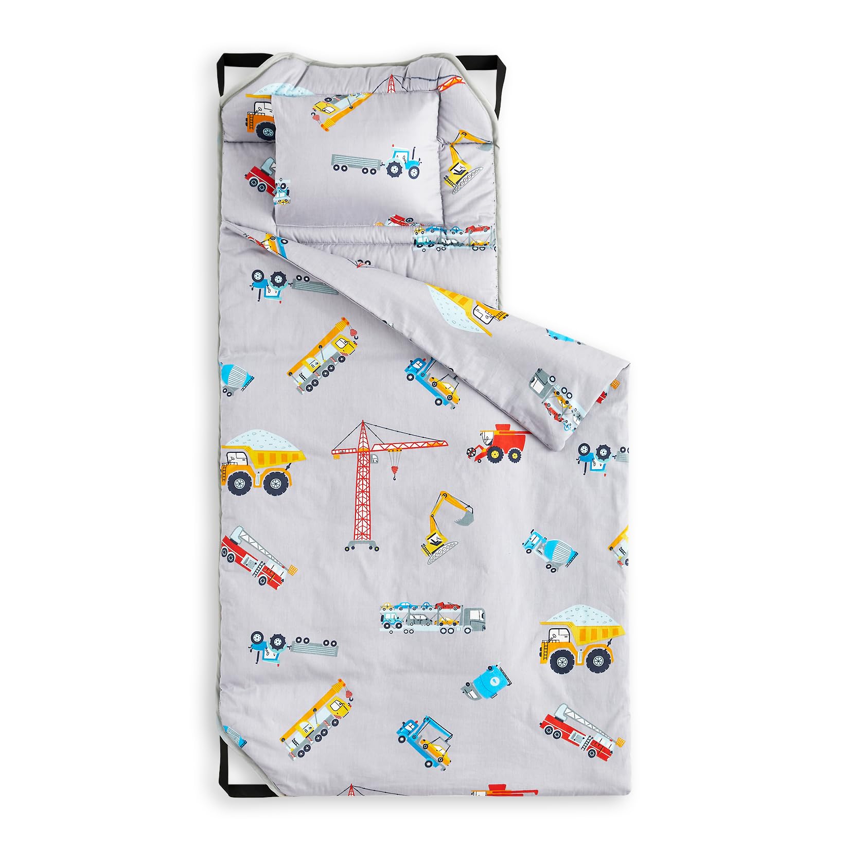 Photo 1 of Wake In Cloud - Cot Nap Mat with Pillow and Blanket, 100% Cotton Fabric, for Toddler Kids Boys Girls in Daycare Kindergarten Preschool with Elastic Corner Straps, Cars Cranes Trucks on Gray