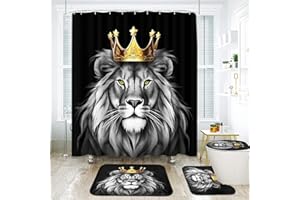 ArtSocket Black Bathroom Set with Shower Curtain and Rugs and Accessories,Gold Grey Lion Shower Curtain Set,African American Shower Curtain for Bathroom,Lion Bathroom Decor 4 Pcs