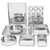 E-far 9-Piece Baking Pan Set, Stainless Steel Bakeware Sets for Sheet Cake Cookie Loaf Muffin, Include Baking Sheet, Round Square Rectangle Baking Pan &amp; Cooling Rack, Dishwasher Safe