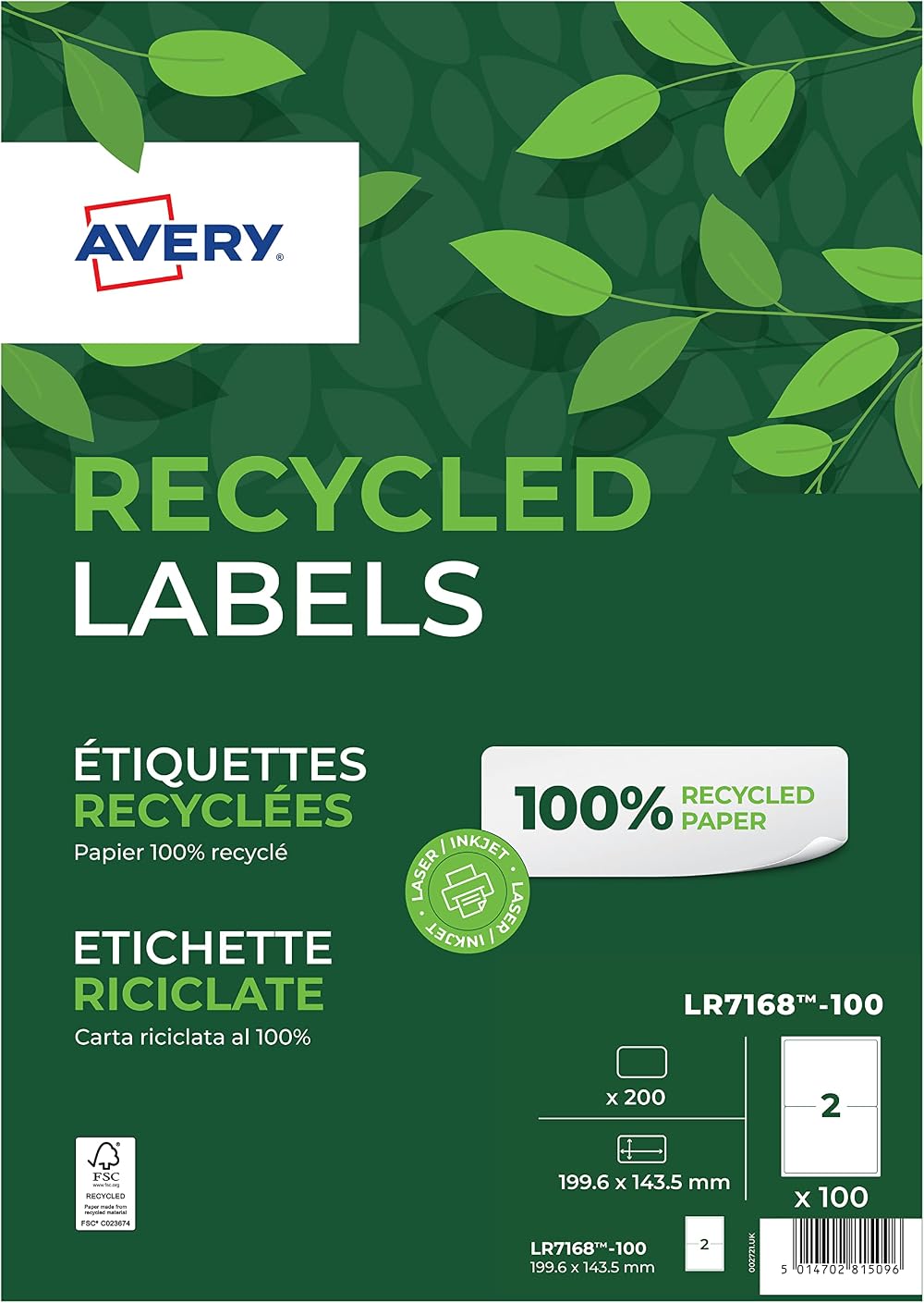 AVERY Recycled Parcel Shipping Labels for Laser Printers, 2 Per A4 Sheet, 200