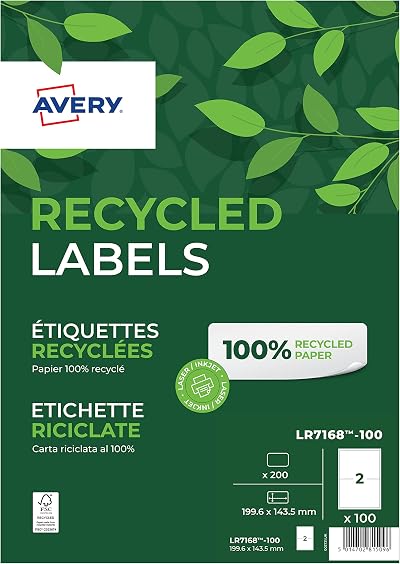 AVERY Recycled Parcel Shipping Labels for Laser Printers, 2 Per A4 Sheet, 200