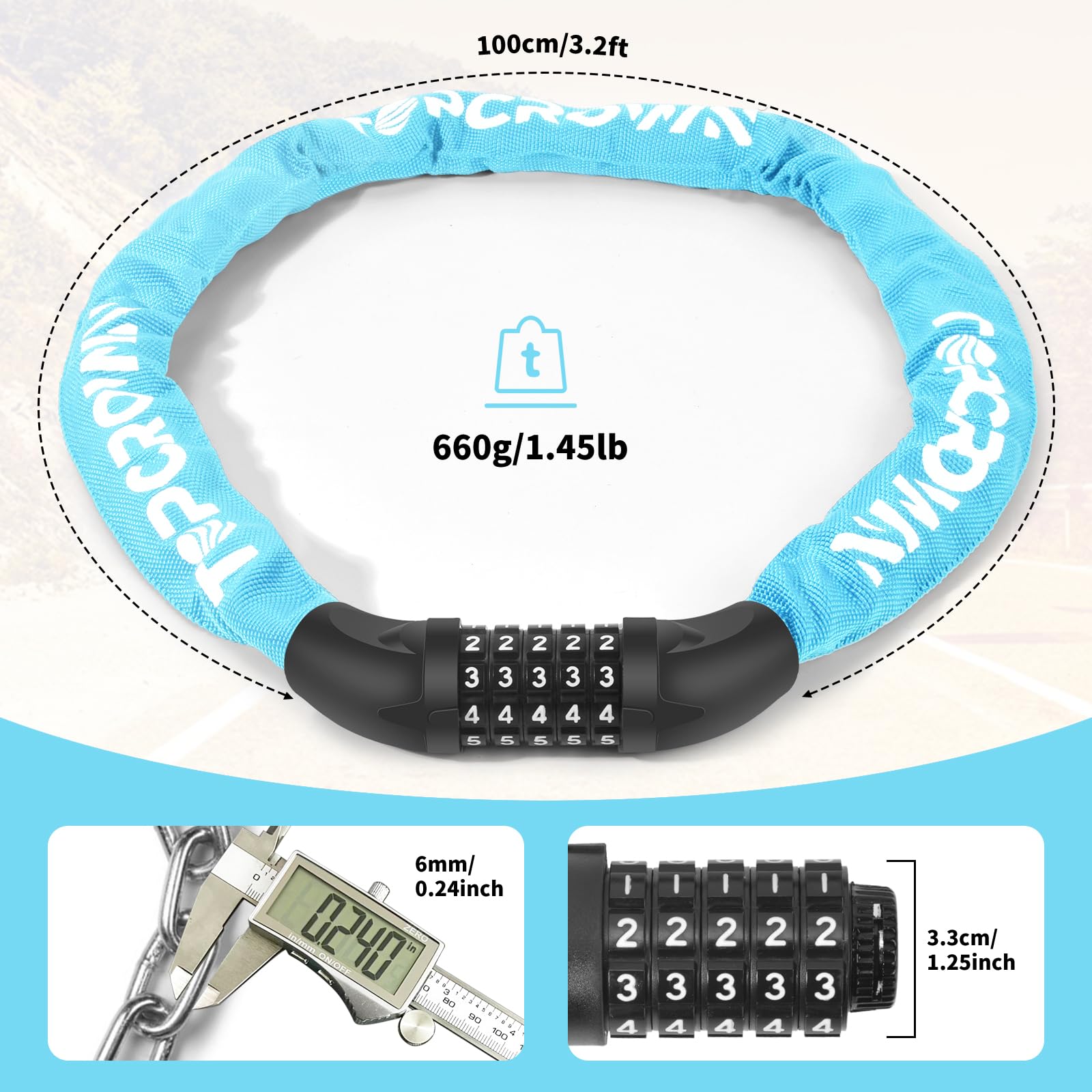 Bike Chain Lock 3.2 ft Long High Security Heavy Duty Anti Theft, 5 Digit Combination Resettable Keyless Bicycle Lock for Bike/Electric Scooter/Ebike/Motorcycle (Sky Blue)