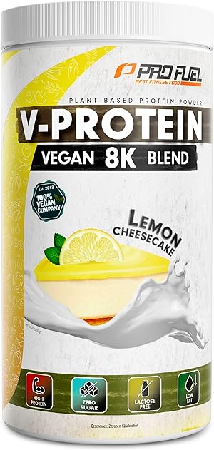 Vegan Protein – ZITRONE KÄSEKUCHEN - V-Protein 8K Blend - unglaublich lecker & cremig - mit Protein aus Sonnenblume, Reis, Erbse, Hanf, Kürbis uvm. - pflanzliches Proteinpulver mit 79% Eiweiß