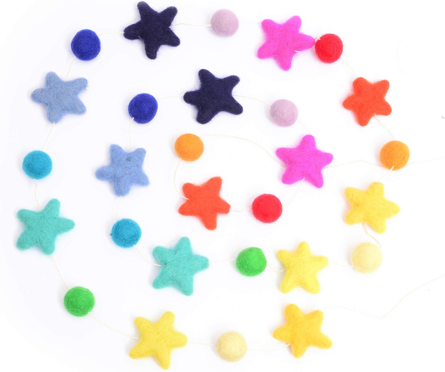 Glaciart One Pom Pom Garland - Wool Felt Ball Garland - 9 Feet, 18 Balls, 18 Stars, 14 Rainbow Colors, Pom Pom Decorations, Nursery Decor, Bunting, Birthday Party Decorations, Carnival, Photo Prop