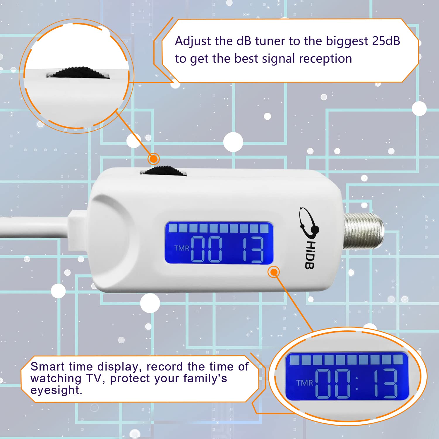 TV Antenna Amplifier Signal Booster, 25dBi High Gain Amplifier for 4K/1080p TVs, Low Noise, Adjustable Gain & Timer, USB Powered, Digital Signal Amplifier Boosts Weak Signals, Works with Smart TVs