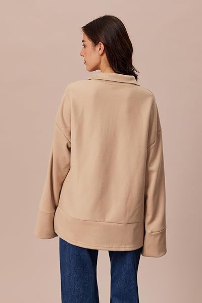 LANMIA WOMEN’S OVERSIZED 1/4 ZIP COLLAR PULLOVER SWEATER LONG SLEEVE SPLIT HOODIE SWEATSHIRTS KNITTED RIBBED CASUAL JUMPER TOPS (KHAKI,S)