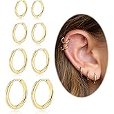 Small Hoop Earrings for Women Men Girls 14k Real Gold Plated Thin Gold Huggie Hoops Set for Cartilage Helix Hypoallergenic Surgical Stainless Steel 6/8/10/12mm