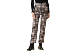 Allegra K Women's Halloween Costumes Plaid Cropped Trousers Button Casual Tartan Check Work Pants