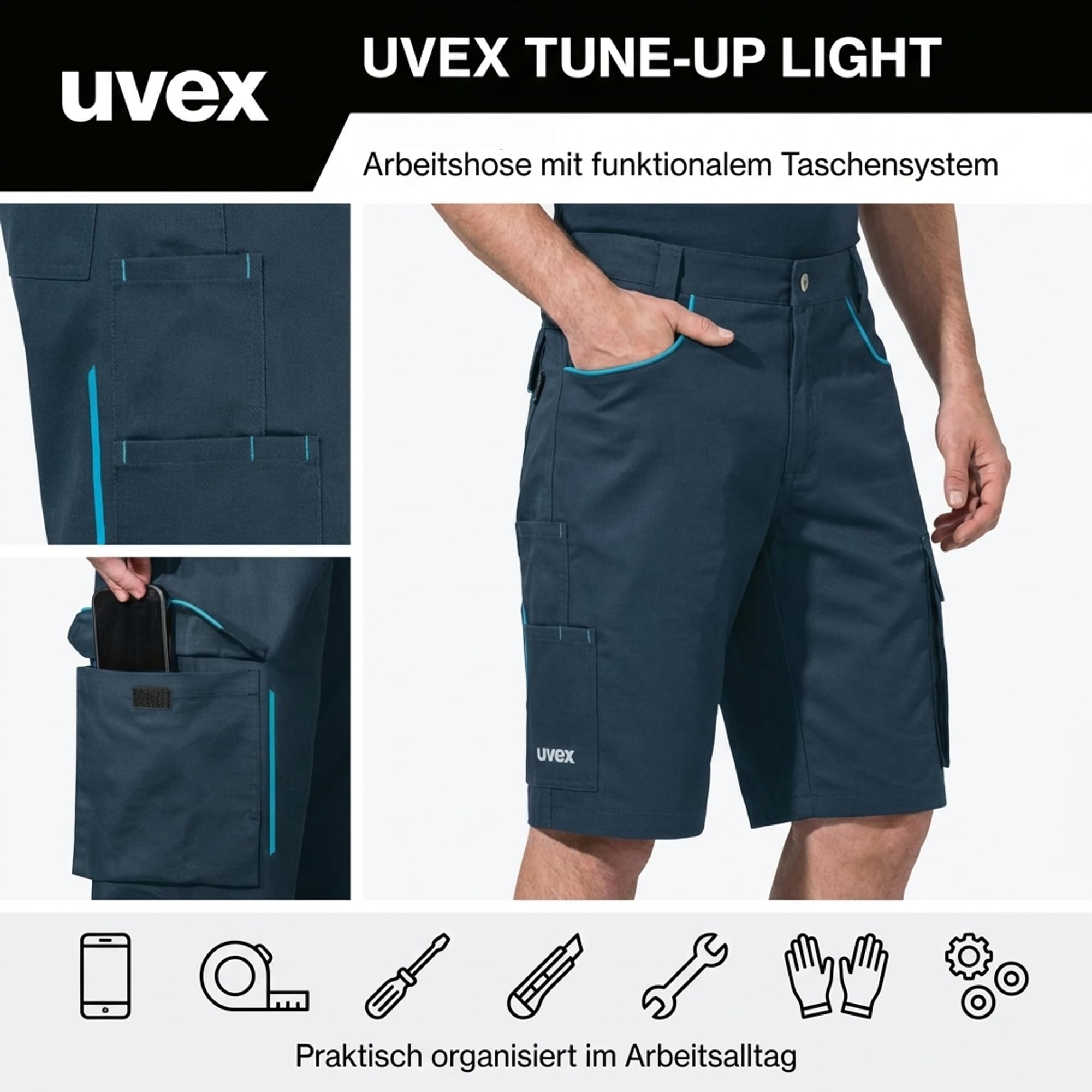 Uvex Tune-up Light Arbeitsshorts Herren – Leichter 2-Wege-Stretch - Bermuda - Nachtblau-türkis Gr 54 6