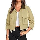 COCCKO Womens Cropped Jacket Zip Up Lightweight Bomber Button Drawstring Oversized Utility Casual Coats With Pockets