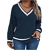 SHENHE Women's Plus Size Ribbed Knit Sweater V Neck Long Sleeve Fall Preppy Sweater Pullover