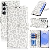 SunYoo for Samsung Galaxy S25 Case Wallet with Card Holder,Galaxy S25 Wallet Case for Men Women,PU Leather Magnetic Clasp Stand Flip Phone Case Cover-White Leopard