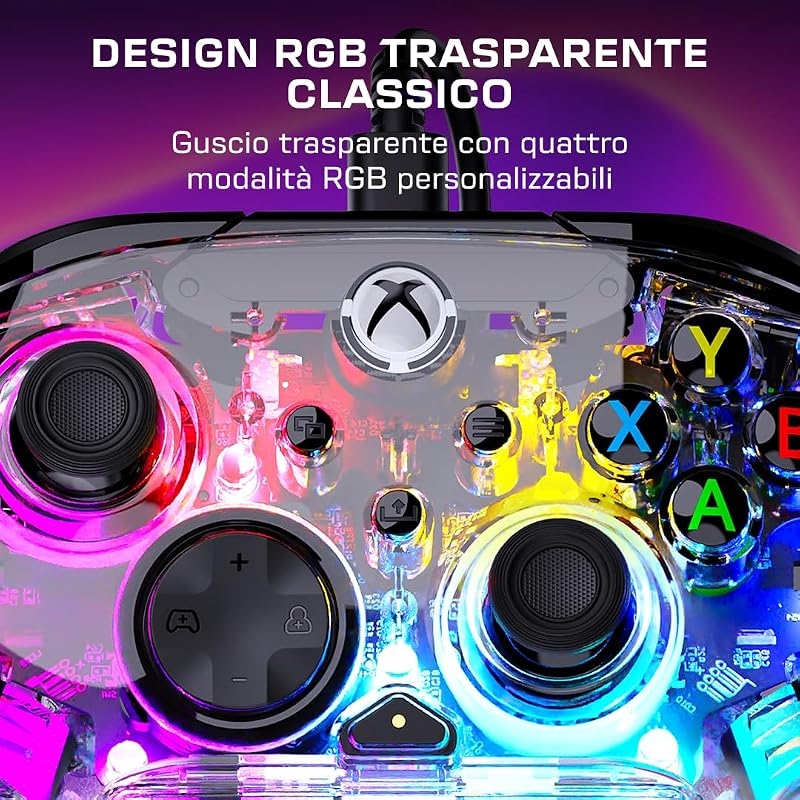 Afterglow Trasparente Controller Gamepad RGB cablato - Con licenza per Xbox Series XS, Xbox One e Windows - Pulsanti programmabili, grilletti effetto Hall