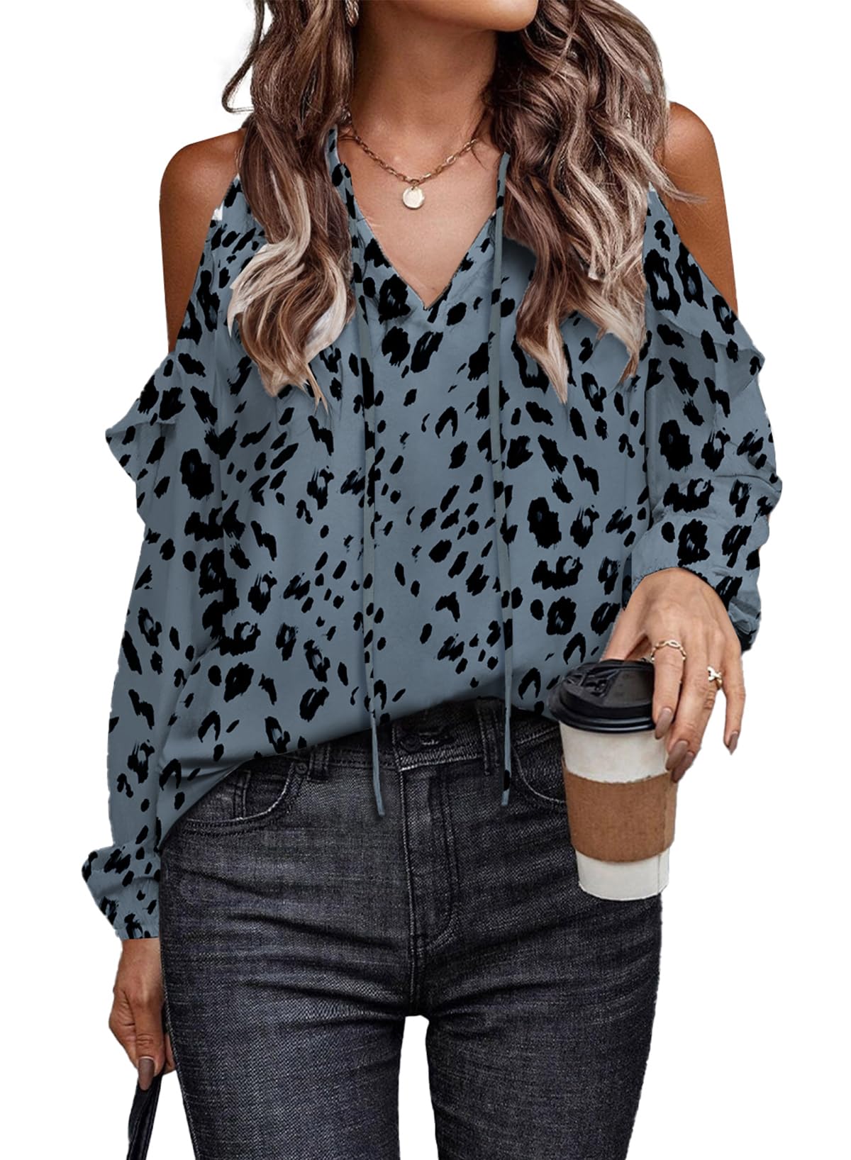 Photo 1 of EVLAESS Womens Fashion Spring Tops for Women 2024 Trendy Long Sleeve Shirts Blouses for Women Dressy Casual Leopard Print Outfits Sexy Off The Shoulder Shirts Cute Gray Tops V Neck Clothes, X-Large