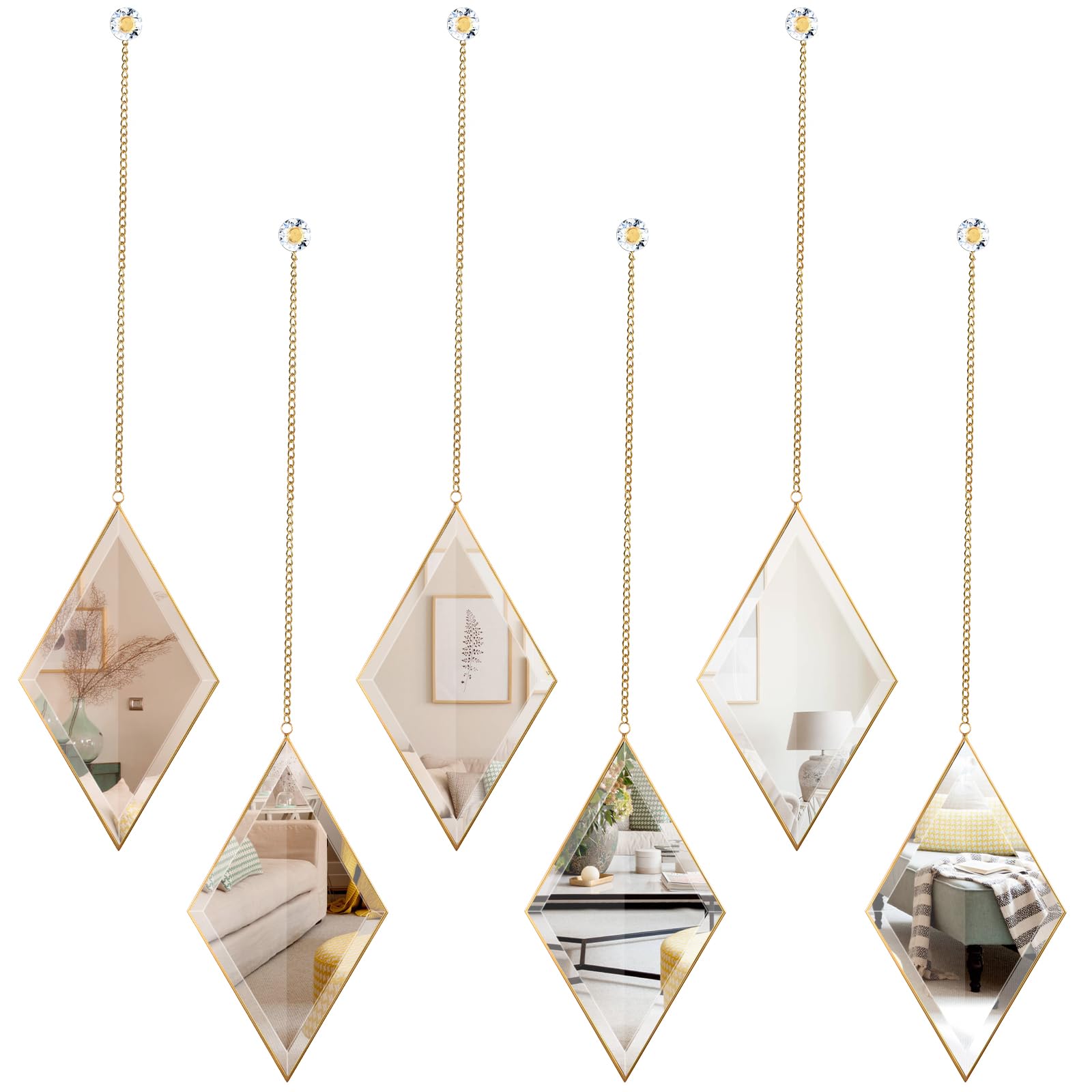 Photo 1 of PHOSPHOR Diamond Wall Mirror 6 PCS, Small Gold Decorative Wall Mirror with Hanging Chain, Wall Mirrors for Living Room