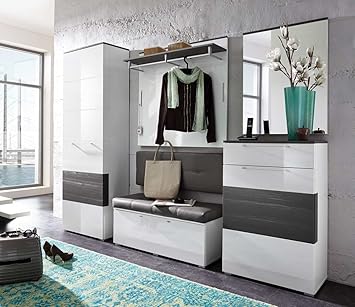 lifestyle4living 5-TLG. Garderobe in Hochglanz weiß/Absetzg. grau, Schrank B: 65 cm, Paneel u. Bank B: je 100 cm, Spiegel u. 