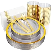 YOUBET 210PCS Gold Plastic Plates - Heavy Duty Clear Gold Disposable Plates Includes 30 Dinner Plate, 30 Dessert Plate, 30 Gold Cups, 30 Napkins for Party & Wedding