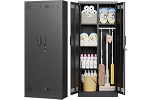 RAVIGIN Broom Storage Cabinet，Metal Storage Cabinet with 2 Lockable Doors, 66'' Steel Broom Closet Tool Cabinet for Garage, O