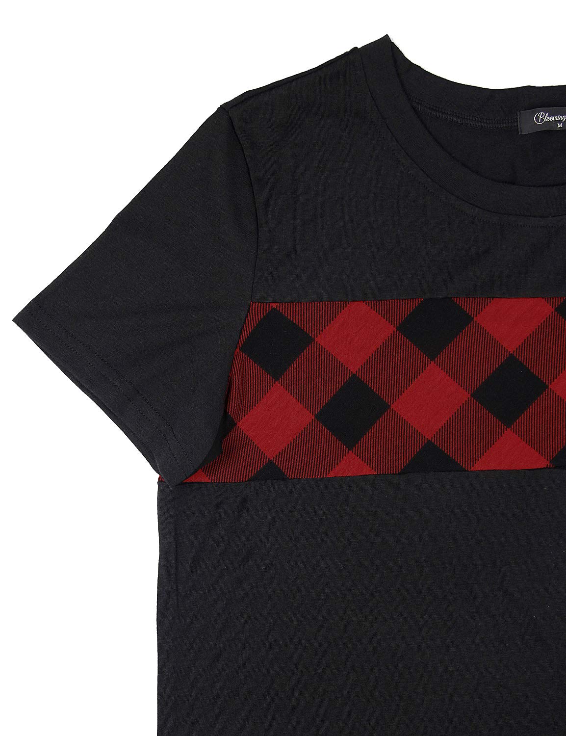 Blooming Jelly Women\'s Short Sleeve Crew Neck T Shirt Color Block Plaid Shirt Pullover Checkered Top (S, Red Plaid)