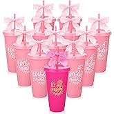 Ovveroche 12 Pcs Birthday Party Tumblers, 24 oz Reusable Plastic Cups with Lids and Straws and Bows for Birthday Decorations Party Favor Pink