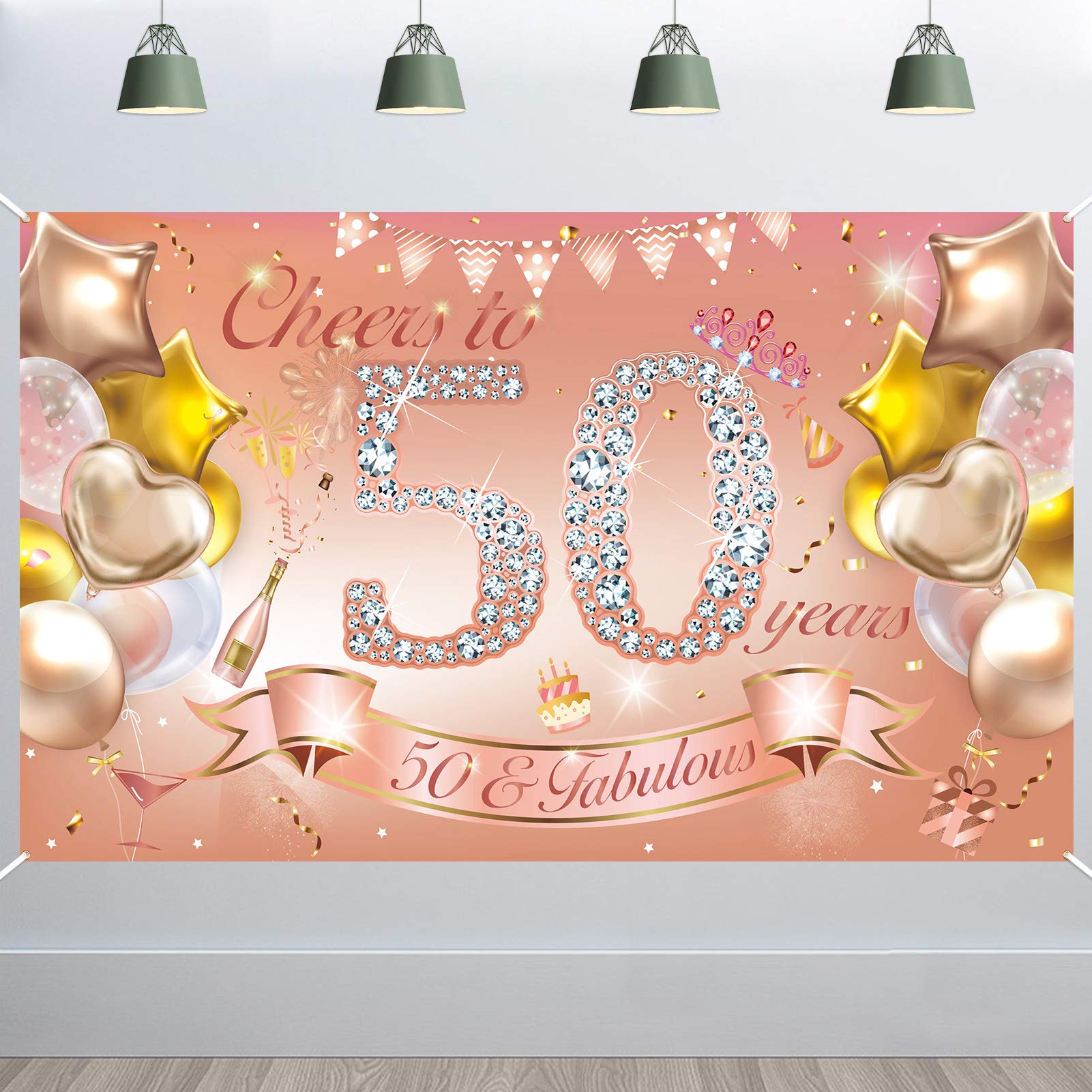 HOWAF Woman 50th Birthday Party Decoration Rose Gold, Fabric Backdrop Banner for Woman 50th Birthday Outdoor Garden Table Wall Decoration Supplies