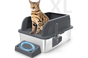 NOLONLY Stainless Steel Cat Litter Box, XL Extra Large Enclosure Litter Box with Lid for Small Big Cats, Double Pedal Filter Metal High Sided Litter Box with Scoop Mats, Non-Sticky Anti-Leakage Easy Cleaning