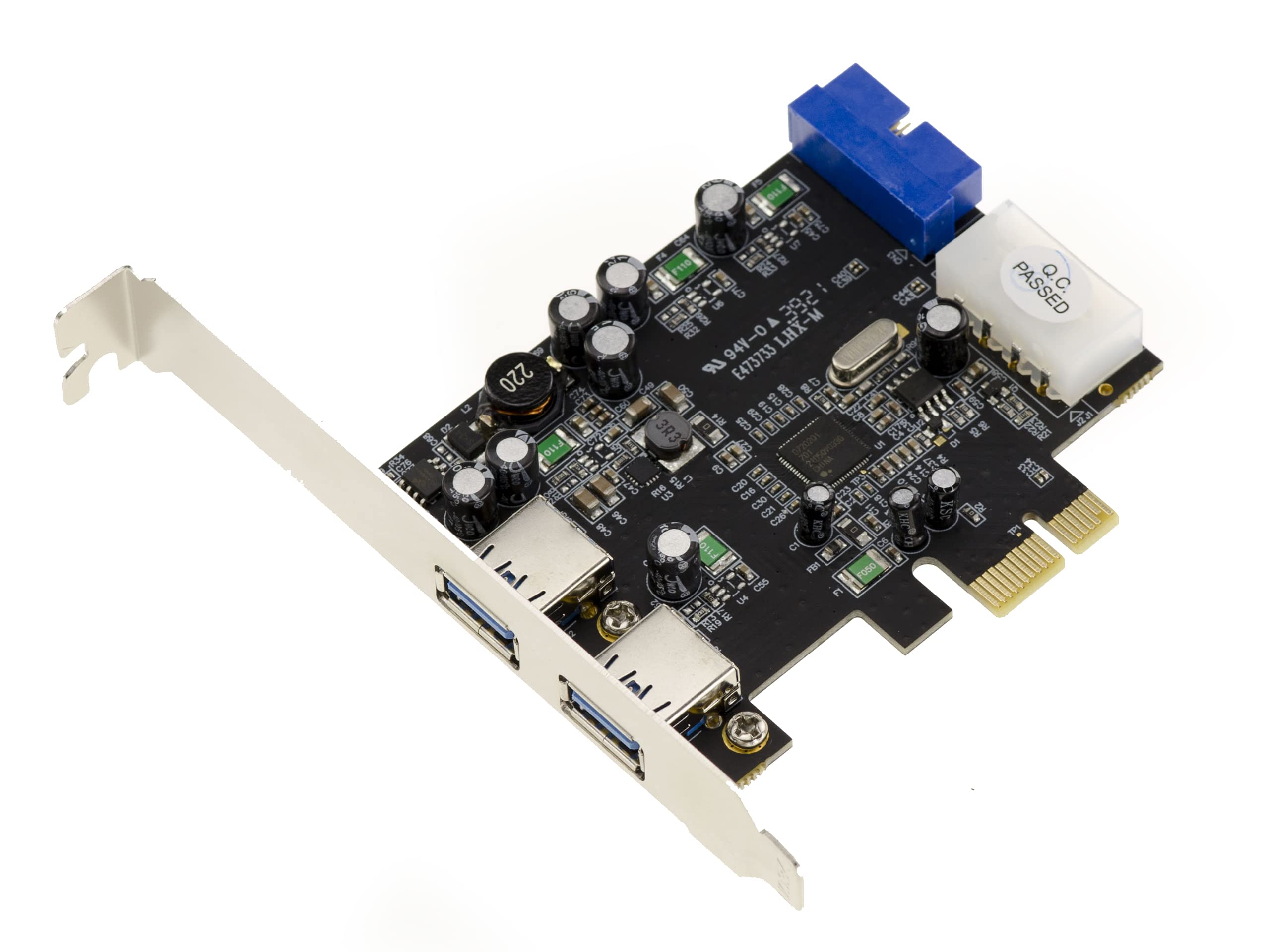 KALEA-INFORMATIQUE PCIe 2.0 x1 USB 3.0 5G card with 2 external ports + 2 internal ports on 19-pin connector. NEC RENESAS uPD720201 chipset