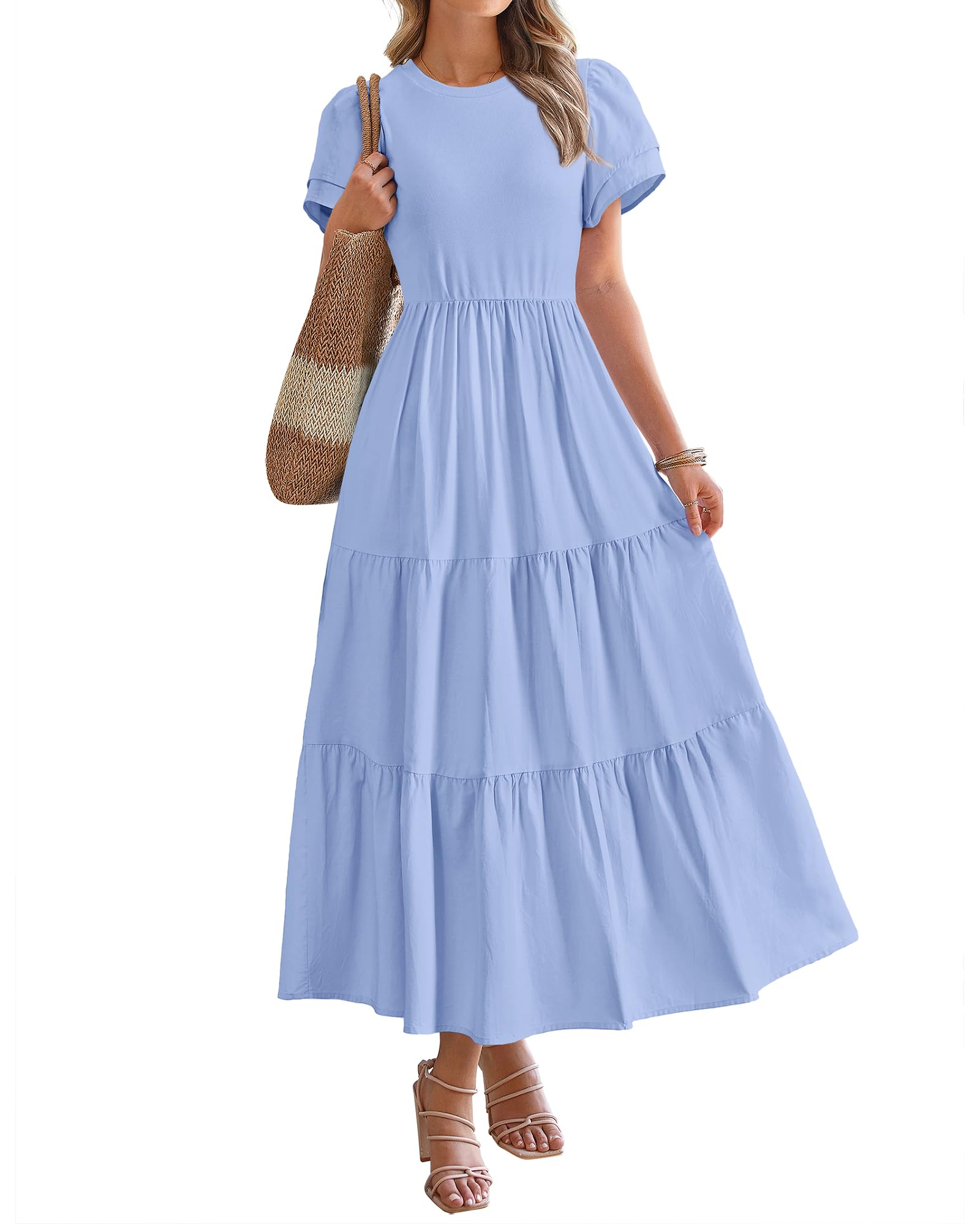 BTFBM Women's Bohemian Floral Maxi Dress - Short Sleeve Tiered Cocktail Dress For Summer