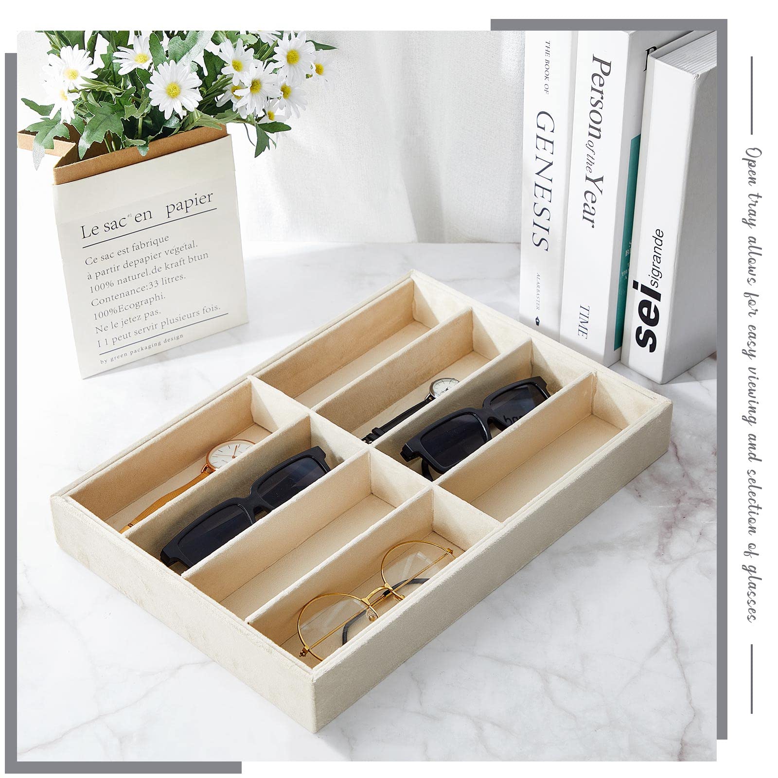 Amylove 2 Pcs Sunglass Organizer Trays Glasses Stackable Jewelry Trays Sunglass Organizer Display Box(8 Grids,Beige)