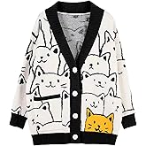 Wyeysyt Cat Sweater for Women Casual Button Down V Neck Cable Knit Cardigan Cute Kawaii Cartoon Cardigan Coat