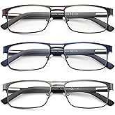 FEIVSN Metal Reading Glasses For Men, Blue Light Blocking Computer Readers Full Rim Rectangle Eyeglasses Spring Hinge, 3 Pack: Black/Brown/Blue, +1.75