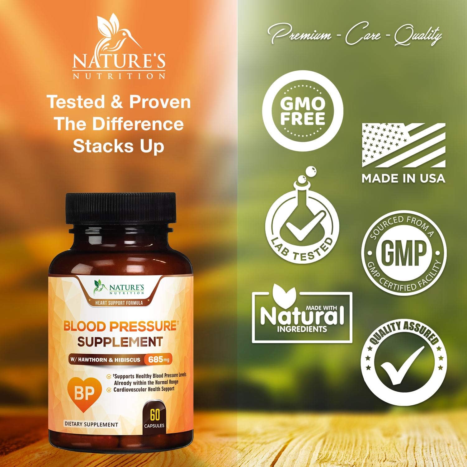 Blood Pressure Support Supplement Extra Strength Heart Aid 685mg - Heart Health Vitamins - Made in USA - Best Natural Blood Pressure Support* Pill with Garlic, Hawthorn & Hibiscus - 60 Capsules: Health & Personal Care