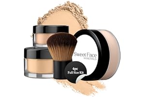 SWEET FACE MINERALS 4pc Full Size Kit (Warm Shade) Mineral Makeup Matte Translucent Loose Foundation + Kabuki Brush + Concealer + Finishing Setting Powder + Bare Face Full Coverage SPF 30 All Skin Types Waterproof