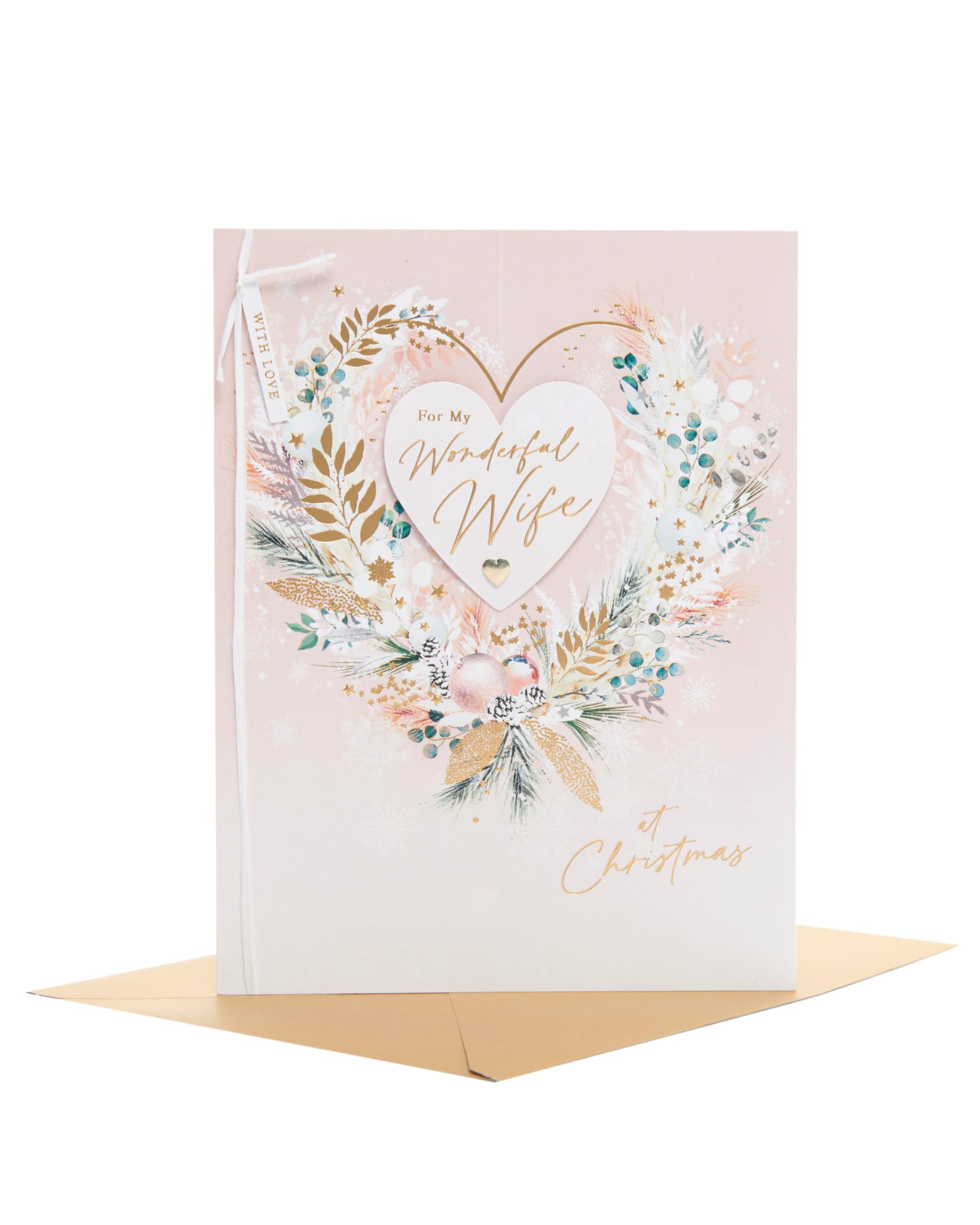 UK Greetings | Christmas Card for Wife | Xmas Presents | Her, Girls, Women | Pink Foliage Heart | With Envelope | 21cm x 27.5cm