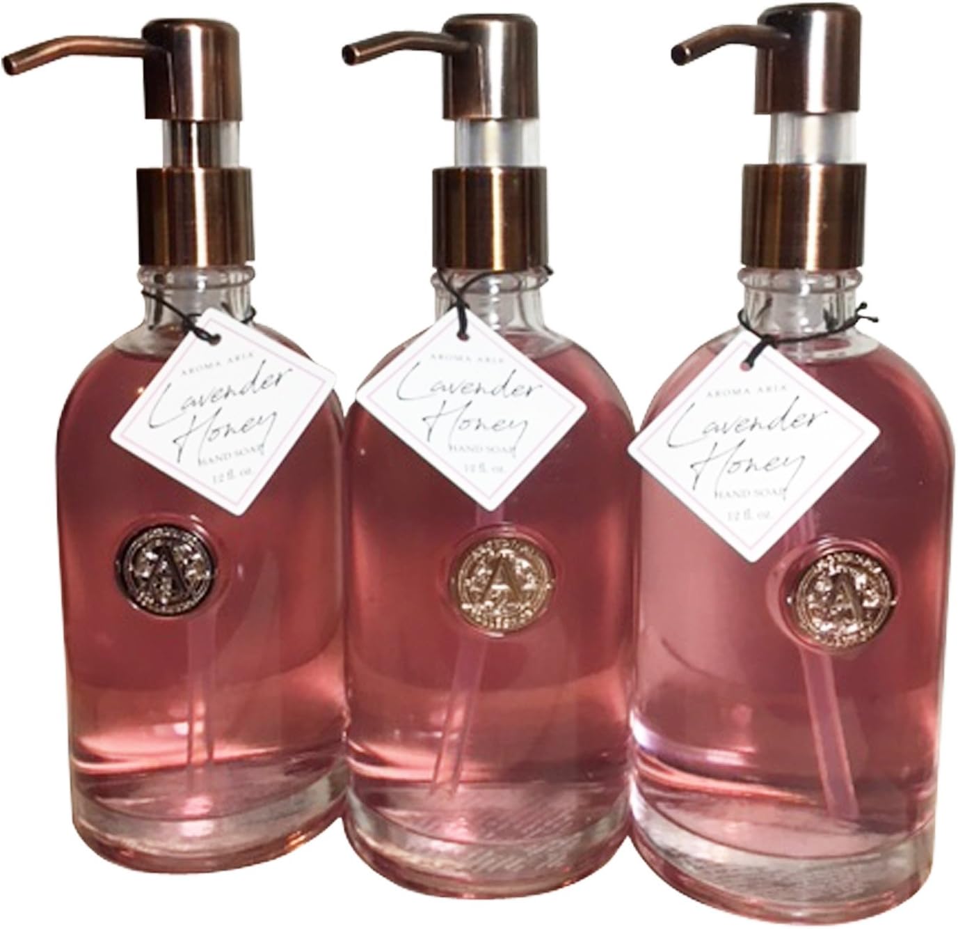 Hand Soap by Aroma Aria | Luxurious Decorative Refillable Glass Bottle with Titanium or Gold Pump | 12 fl.oz. (LavenderHoney)