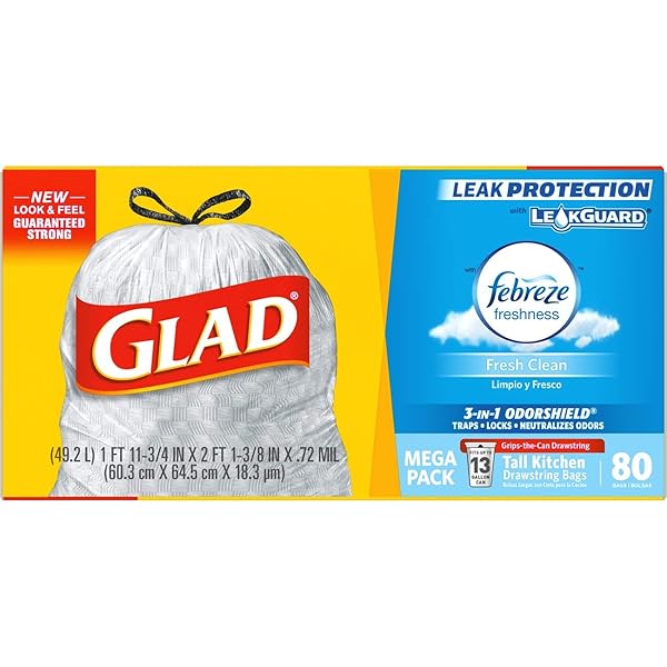 GLAD TRASH BAGS, TALL KITCHEN DRAWSTRING GARBAGE BAGS – ODORSHIELD 13 GALLON GREY TRASH BAG, FEBREZE FRESH CLEAN – 80 COUNT