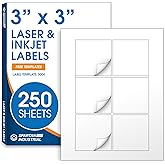 3" X 3" Square Printable Labels Compatible with Inkjet and Laser Printers - 250 Sheets, 1500 Matte White Paper Stickers for QR Codes, Barcodes, and Product Labeling - Spartan Industrial Template S004