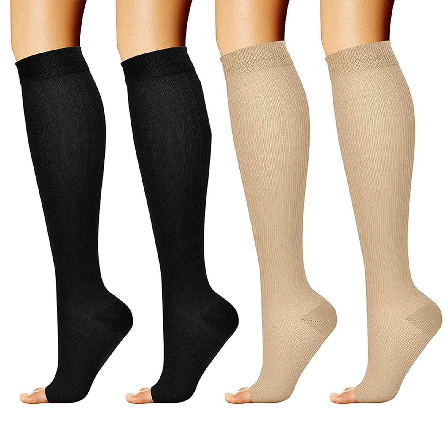2 Pairs Compression Socks for Women and Men, Open Toe Graduated Stockings Support Non-Slip Breathable Pressure Socks for Sports, Flying, Shin Splints, Travel, Running (S-M)