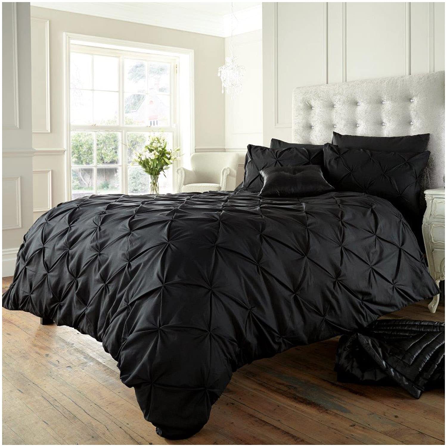 GC GAVENO CAVAILIA Pintuck Duvet Cover, Polycotton Pleated Bedding Bed Set, Black, Double