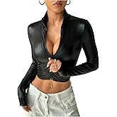 GORGLITTER Women's PU Leather Crop Bomber Jacket Y2k Zip Up Long Sleeve Fitted Tops Coat Streetwear