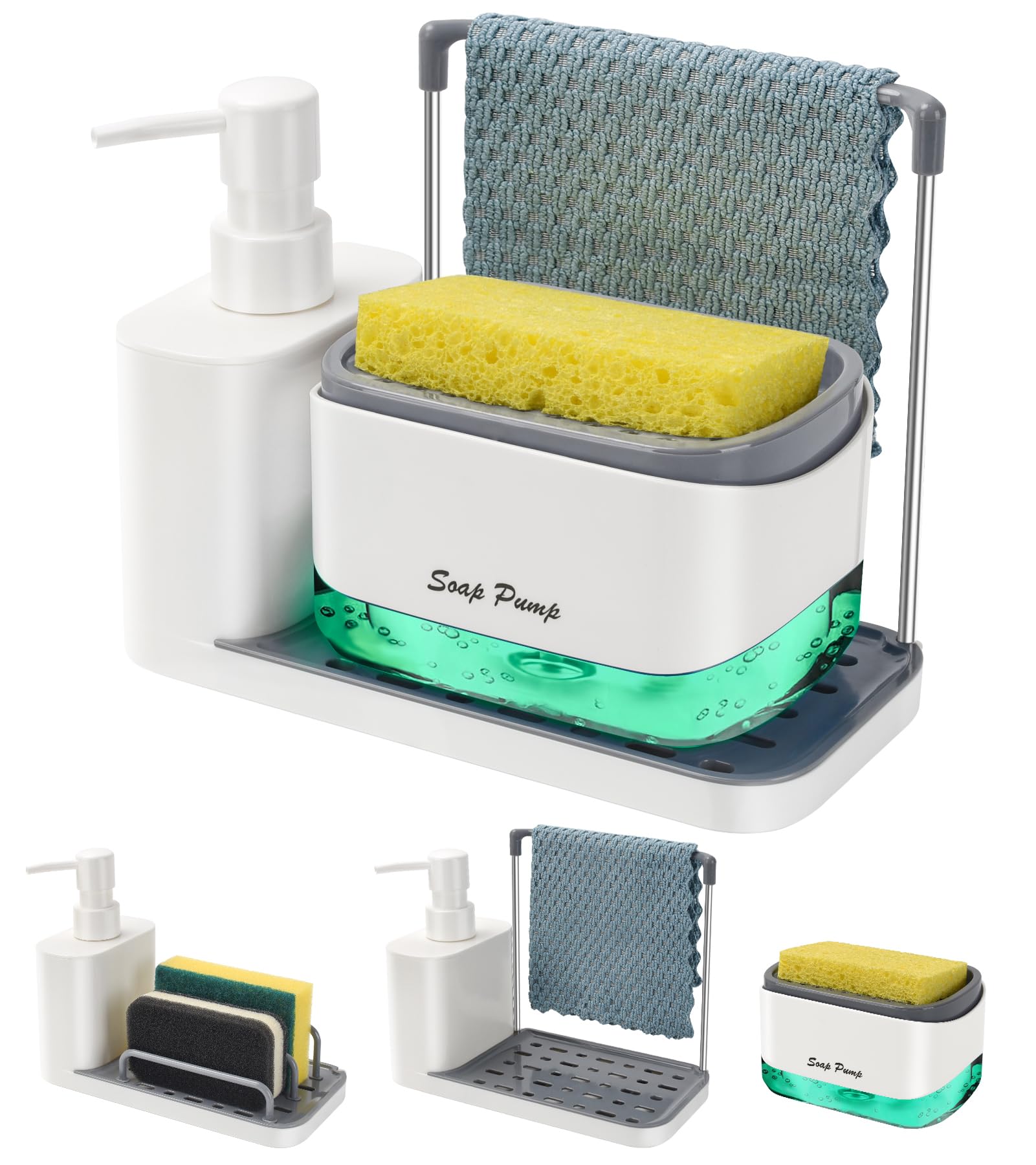 Photo 1 of Hand and Dish Soap Dispenser Set with Tray, Dual Soap Dispenser with Sponge Holder and Dishcloth Holder 5-in-1 Organizer for Kitchen Sink Countertop Storage Organize - Useful Kitchen Gadgets (White)