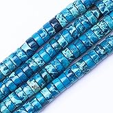 Natural Stone Heishi Beads for Necklace Making, 4mm x 6mm Small Flat Round Stone Loose Heishi Disc Gemstone Beads for Jewelry Making Craft Bracelet Earrings Necklace - Turquoise Blue Imperial Jasper