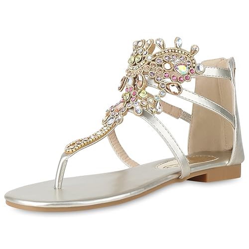SCARPE VITA Damen Sandalen Zehentrenner mit Blockabsatz Strass Glitzer